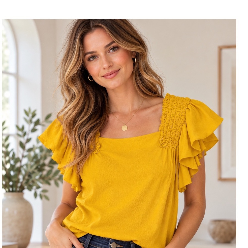 Maeve Top Yellow Ruffle Smocked Square Neck Rayon Blouse Size 6